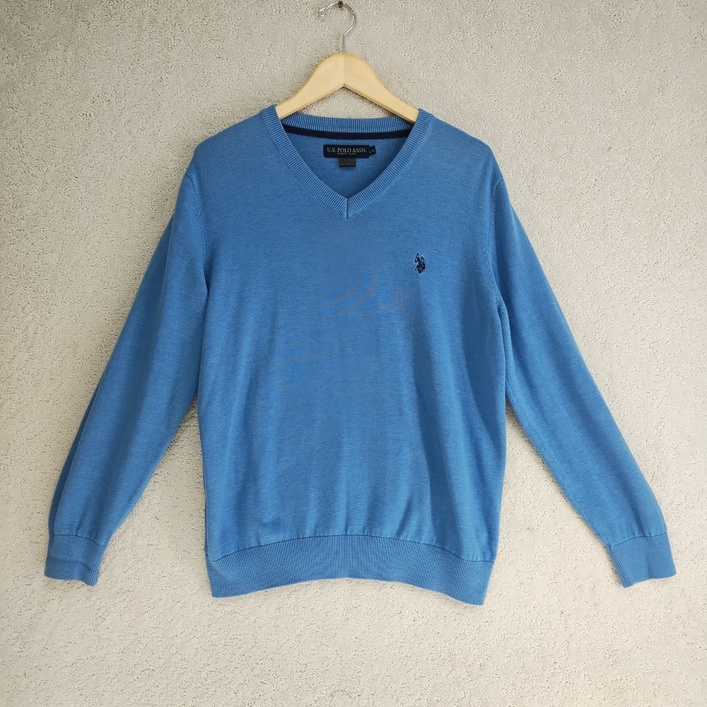 US Polo Assn Sweater Mens L VNeck Embroidered Pony Sky Blue Cotton Acrylic